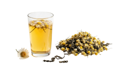 Isolated beverage preparation with daisy flowers, herbal tea in clear glass drinking ware