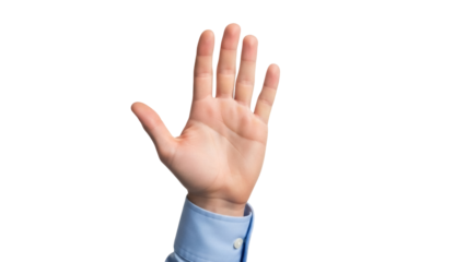 Isolated hand with five fingers extended upwards, showing a well-manicured pale hand with light blue shirt