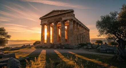 Obraz premium Ancient Greek Temple at Sunrise with Dramatic Light and Shadows.