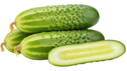 Isolated fresh green cucumbers, whole and sliced open, close-up of tasty, nutritious food