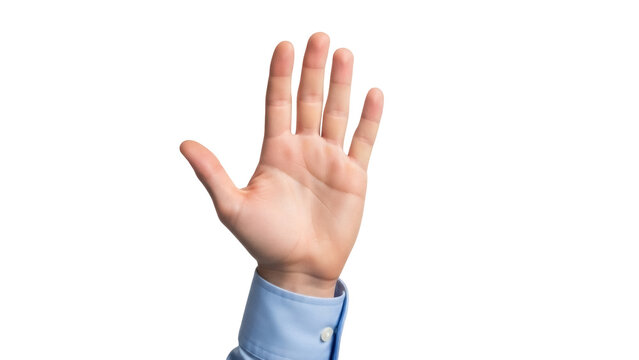 Isolated hand with five fingers extended upwards, showing a well-manicured pale hand with light blue shirt