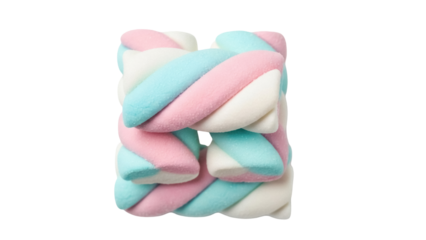 Isolated stack of twisted marshmallows, fun pink and blue swirl treat, sweet confection
