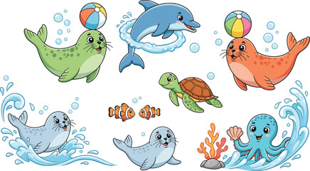 Set of cute cartoon marine animals including colorful seals dolphin turtle octopus and clownfish with water splashes for children design © Shuvo creative