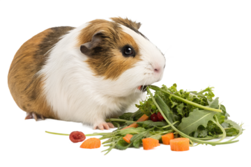 Cute guinea pig eating fresh vegetables. Adorable and realistic small pet moment representing healthy nutrition and care. Isolated on transparent background, PNG.
