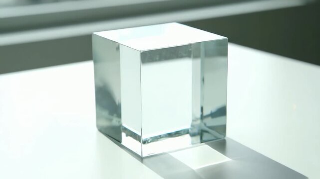 Clear crystal rectangular prism object casting a distinct shadow on a clean white surface