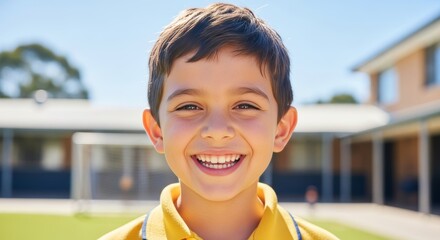 A young boy in a yellow school uniform smiles broadly outdoors on a sunny day.