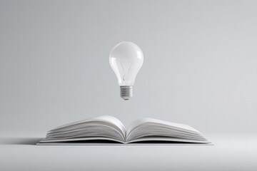 Minimal light bulb floating above open book, white background, soft shadow, clean conceptual knowledge metaphor, high clarity