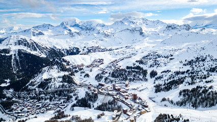 Aerial view of Skiing area of Paradiski, La Plagne, France Alpes