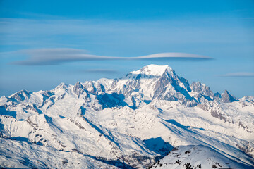 Aerial view of Skiing area of Paradiski, La Plagne, France Alpes