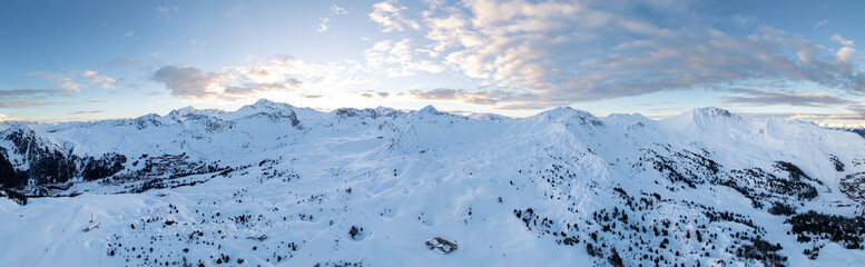 Aerial view of Skiing area of Paradiski, La Plagne, France Alpes