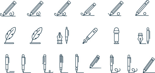 Writing tools and stationery line icons set, pencil, pen, fountain pen, quill illustrations, handwriting symbols, creative education and office design elements