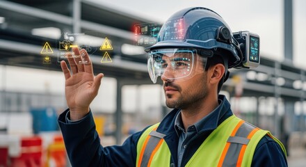 Engineer equipped with smart helmet utilizing augmented reality overlay to detect and respond to electrical hazards on site.