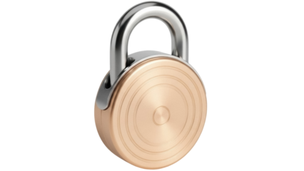Isolated round metal padlock, secured with steel shackle to protect belongings and data