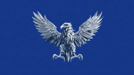 Obraz premium A majestic eagle with outstretched wings is depicted in metallic silver against a deep blue background, symbolizing power