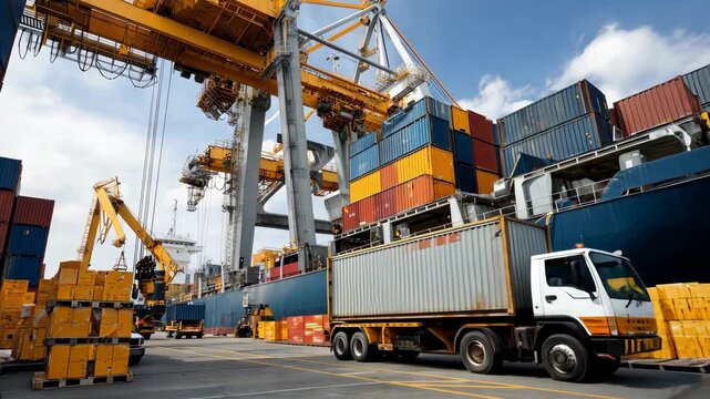 Cargo ship being loaded at Port with containers on a sunny day as Trucks wait to transport goods at the dock