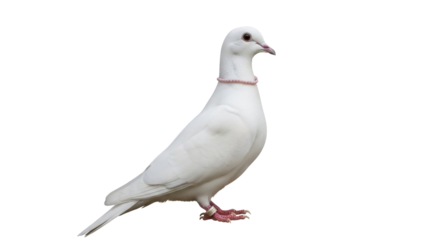 Isolated white dove wearing a pink collar standing calmly, its red legs and feet visible