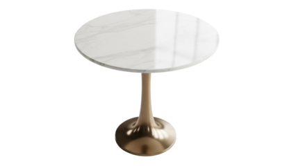 Isolated round marble table with central metal leg standing in the studio for dining