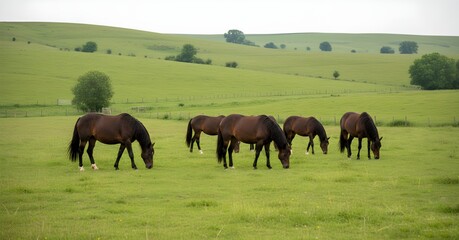 Obraz premium Horses Grazing in Green Pasture Landscape