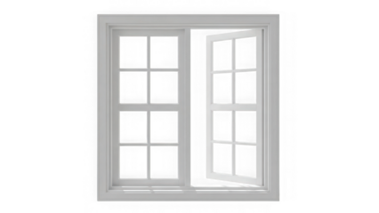 White double hung window frame with one sash open isolated on transparent background