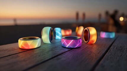 Rings glow with colorful lights on a wooden table by the beach at sunset