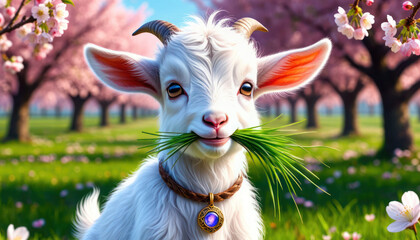 A goat is eating grass in a field with pink flowers in the background