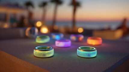 Rings glow with ethereal colors in sunset light near a beach