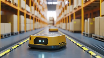 Autonomous mobile robots navigating a modern automated warehouse aisle filled with stacked cardboard boxes