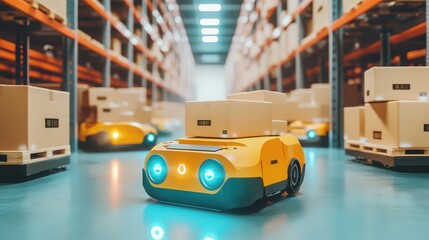 Autonomous mobile robots efficiently transporting packages through a modern, automated warehouse fulfillment center