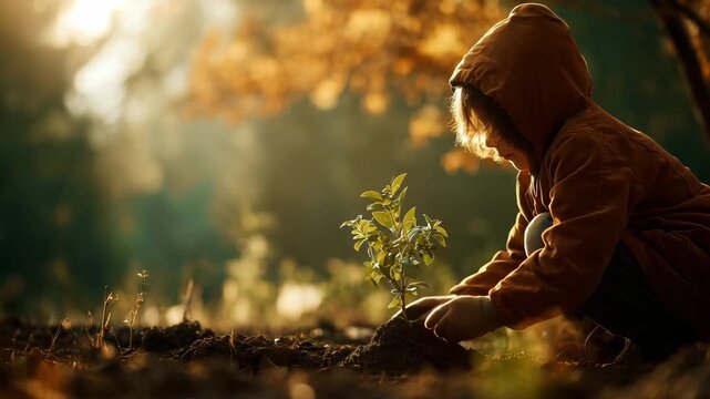 A child plants a young tree in a sunlit forest, surrounded by golden autumn leaves and soft soil, fostering a love for nature