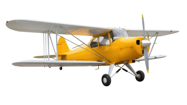 Isolated yellow biplane aircraft antique airplane on a clear day for sale commercial use