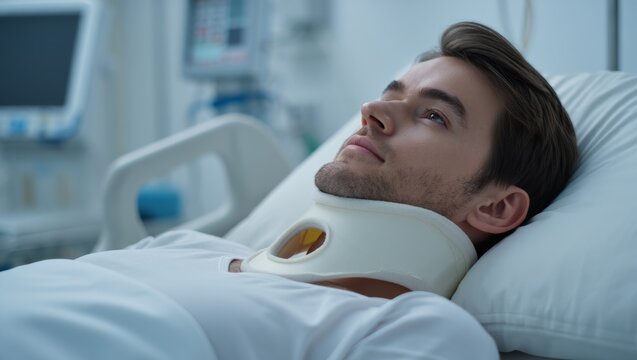 patient wearing cervical collar resting peacefully in hospital bed with soft shadows