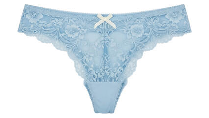 Isolated blue thong with lace trim and bow detail, feminine lingerie, women's undergarment