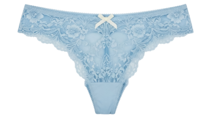 Isolated blue thong with lace trim and bow detail, feminine lingerie, women's undergarment
