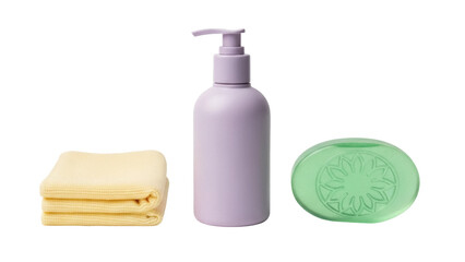 Isolated hygiene items include liquid soap dispenser, bar soap, and soft yellow towels for hand drying