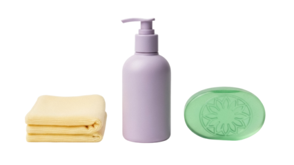 Isolated hygiene items include liquid soap dispenser, bar soap, and soft yellow towels for hand drying