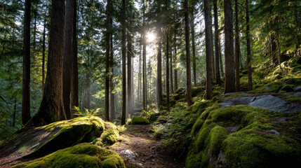 Fototapeta premium Beautiful forest background for screensaver. with sunbeams. Calm close-up of fairytale forest and nature landscape, panorama. Summer vacation, holiday, amazing nature.