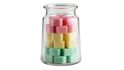 Isolated glass jar full of colorful sugar cubes in pink, yellow, and green tones, a sweet treat