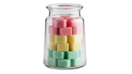 Isolated glass jar full of colorful sugar cubes in pink, yellow, and green tones, a sweet treat