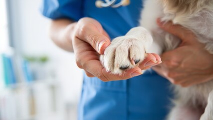 vet holding puppys paw with detailed focus on touch and safety in clinic environment