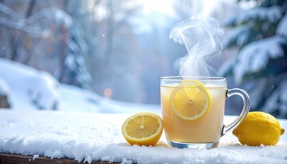 A comforting scene of hot tea with lemon on a snowy day, creating a cozy and inviting atmosphere