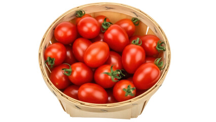 Isolated red plum tomatoes in a light-wood woven basket, fresh produce from local farm, close-up