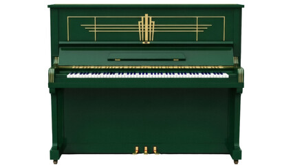 Isolated green upright piano with vintage gold-colored trim, musical instrument indoors © Dennis