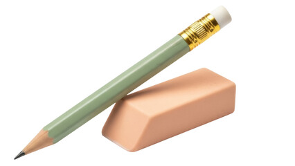 Isolated green pencil lying near peach eraser ready for school art or work, writing implement