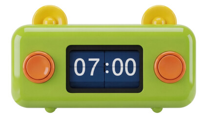 Isolated green retro alarm clock showing the time 0700 hours, retro design element, no background