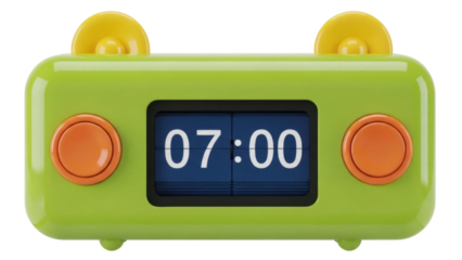 Isolated green retro alarm clock showing the time 0700 hours, retro design element, no background