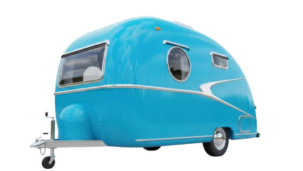 Isolated turquoise vintage trailer with silver trim for summer camping adventure fun