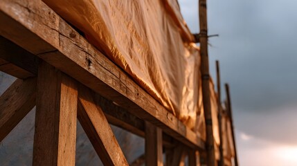Obraz premium Wooden construction frame covered with an orange tarp against a dramatic cloudy sky at sunset