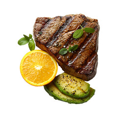 Grilled steak with orange and avocado garnish on a transparent background