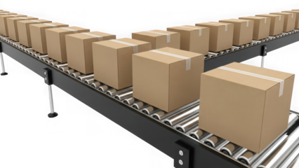 Cardboard boxes moving on a conveyor belt in a warehouse or factory setting isolated on transparent background