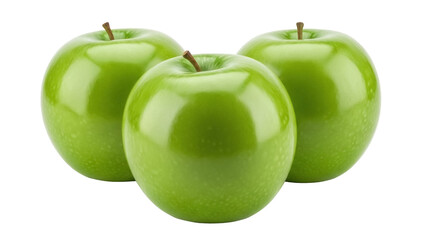 Isolated, three green apples with stems in a group, fresh juicy fruit for food ingredient